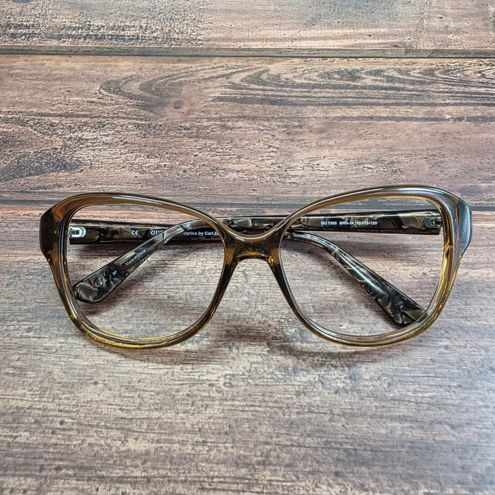 Guess GU 7355 BRN-34 Brown Cat Eye Eyeglass Frames Gold Logo 55-15-135